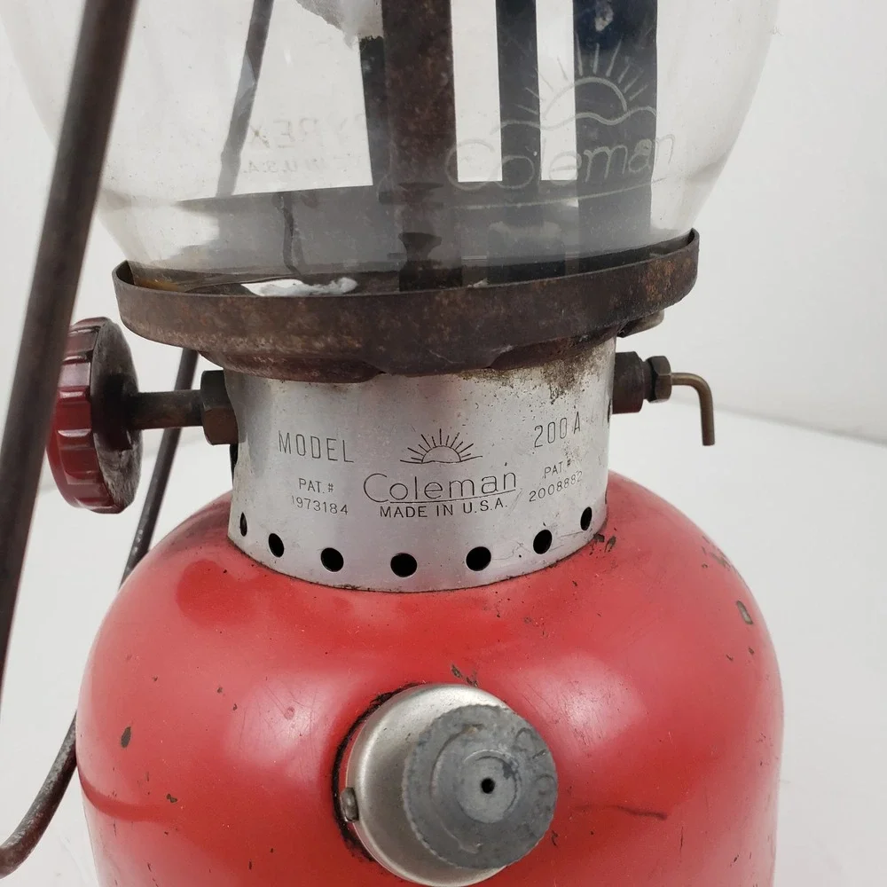 Coleman 200A Red Gas Lantern Single Mantle Original Pyrex Globe USA 11/57